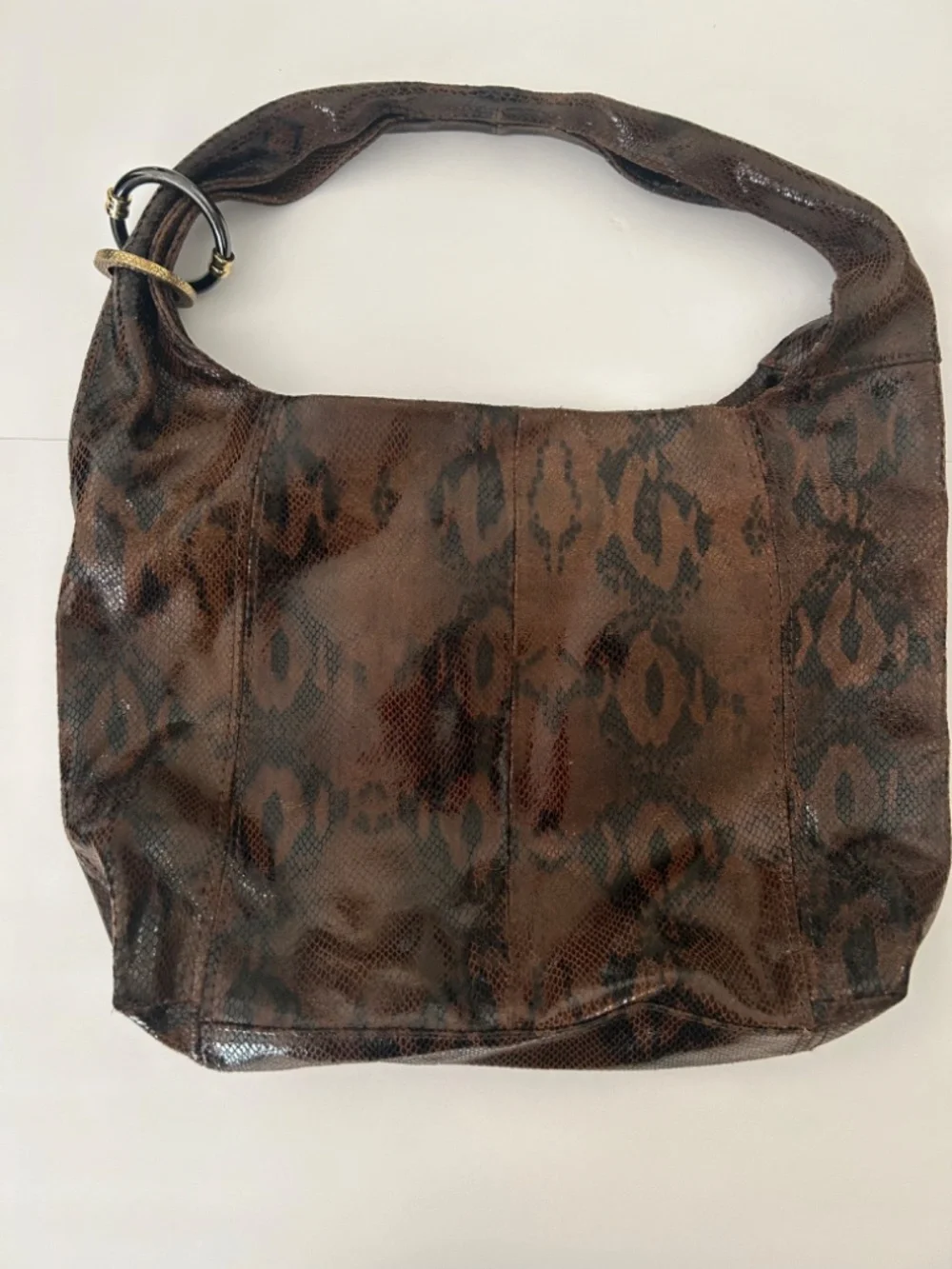 Kate Landry Leather Snake Print Large Hobo Handbag Black and Brown Boho Chic